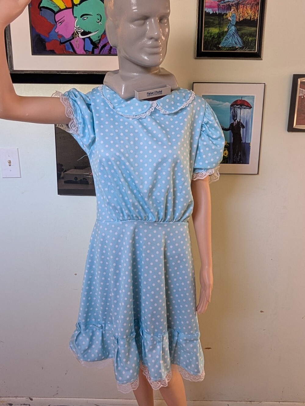 Light Blue Polka Dot Fit-and-Flare Dress with Peter Pan Collar